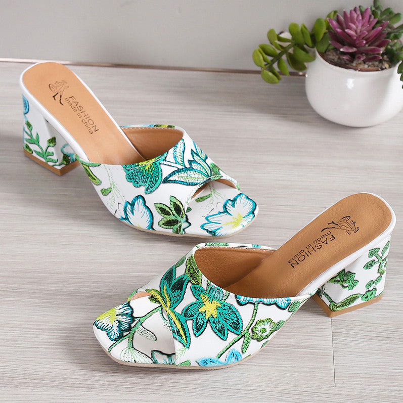 Wholesale Women's Embroidered Open Toe High Heel Square Head plus size Slippers